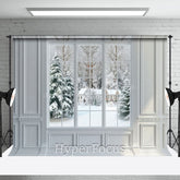 Lofaris White Window Snowy Forest Cabin Scene Photo Backdrop